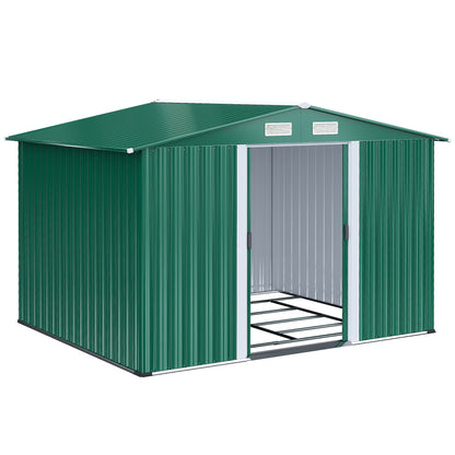 Garden Shed Exterior 258x206x178 cm 5.3m² Outdoor Garden Shed with Base Sliding Doors and Ventilations for Gardening Tool Storage Green