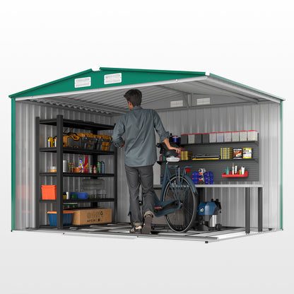Garden Shed Exterior 258x206x178 cm 5.3m² Outdoor Garden Shed with Base Sliding Doors and Ventilations for Gardening Tool Storage Green