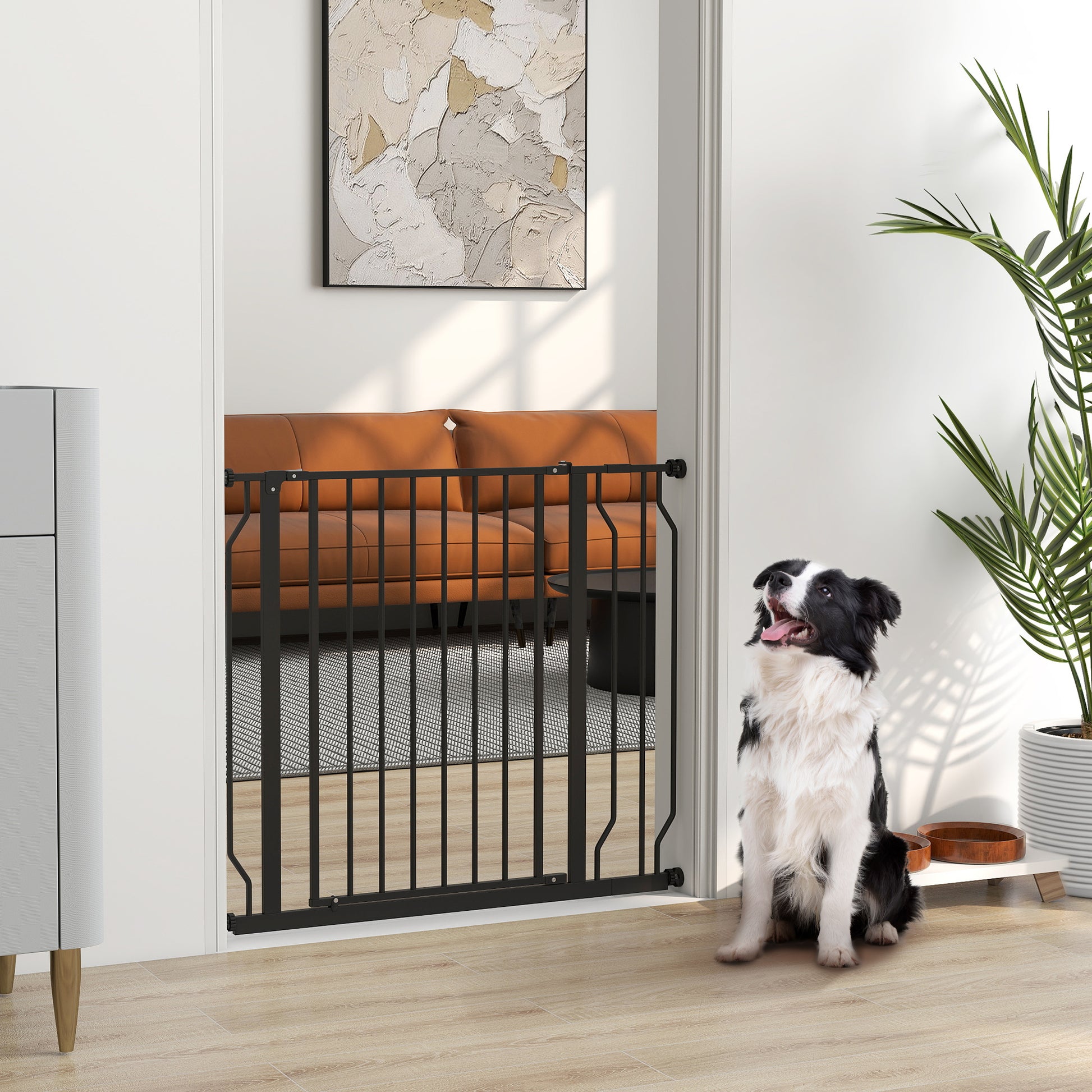 Expandable Dog Safety Gate 29.5-37.4 in for Doors and Stairs Pet Safety Gate with Extensions Pressure Mounting and Double Lock Black