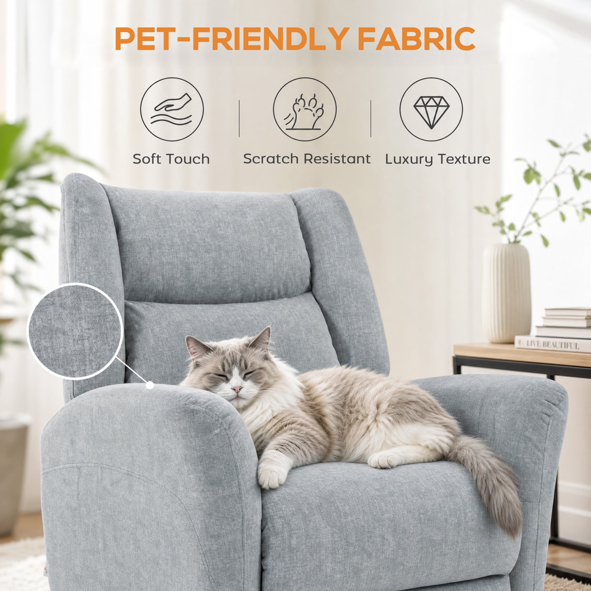 Recliner Chair with Footrest – Swivel, Rocking & 135° Recline, Wide Deep Seat, Scratch-Resistant Fabric, Light Gray