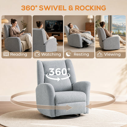 Recliner Chair with Footrest – Swivel, Rocking & 135° Recline, Wide Deep Seat, Scratch-Resistant Fabric, Light Gray