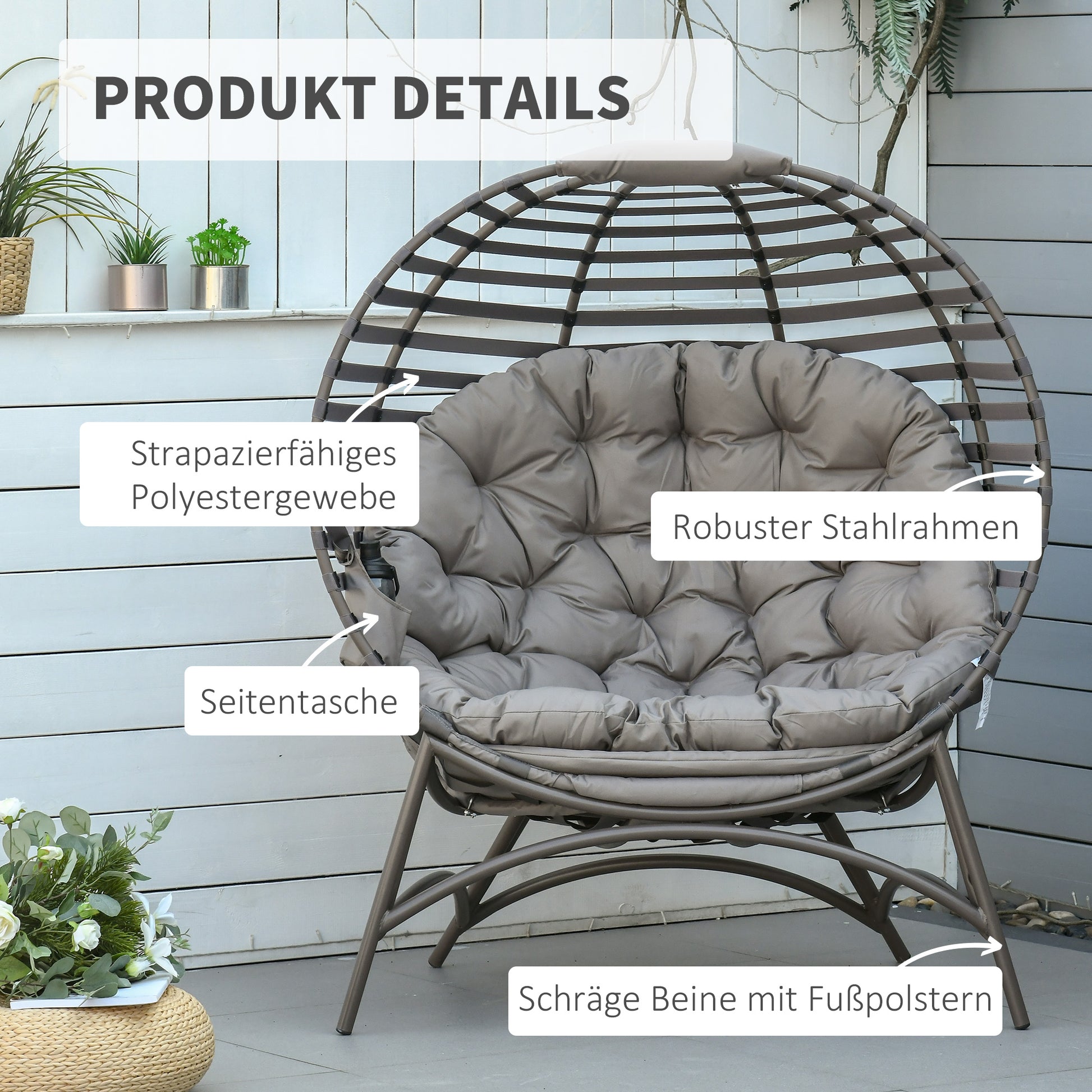Papasan Chair Garden Chair 2-Basket Chair with Cushions Oval Lounge Chair Basket Foldable Balcony Terrace Outdoor/Indoor Sand Steel 118 x 75 x 139 cm