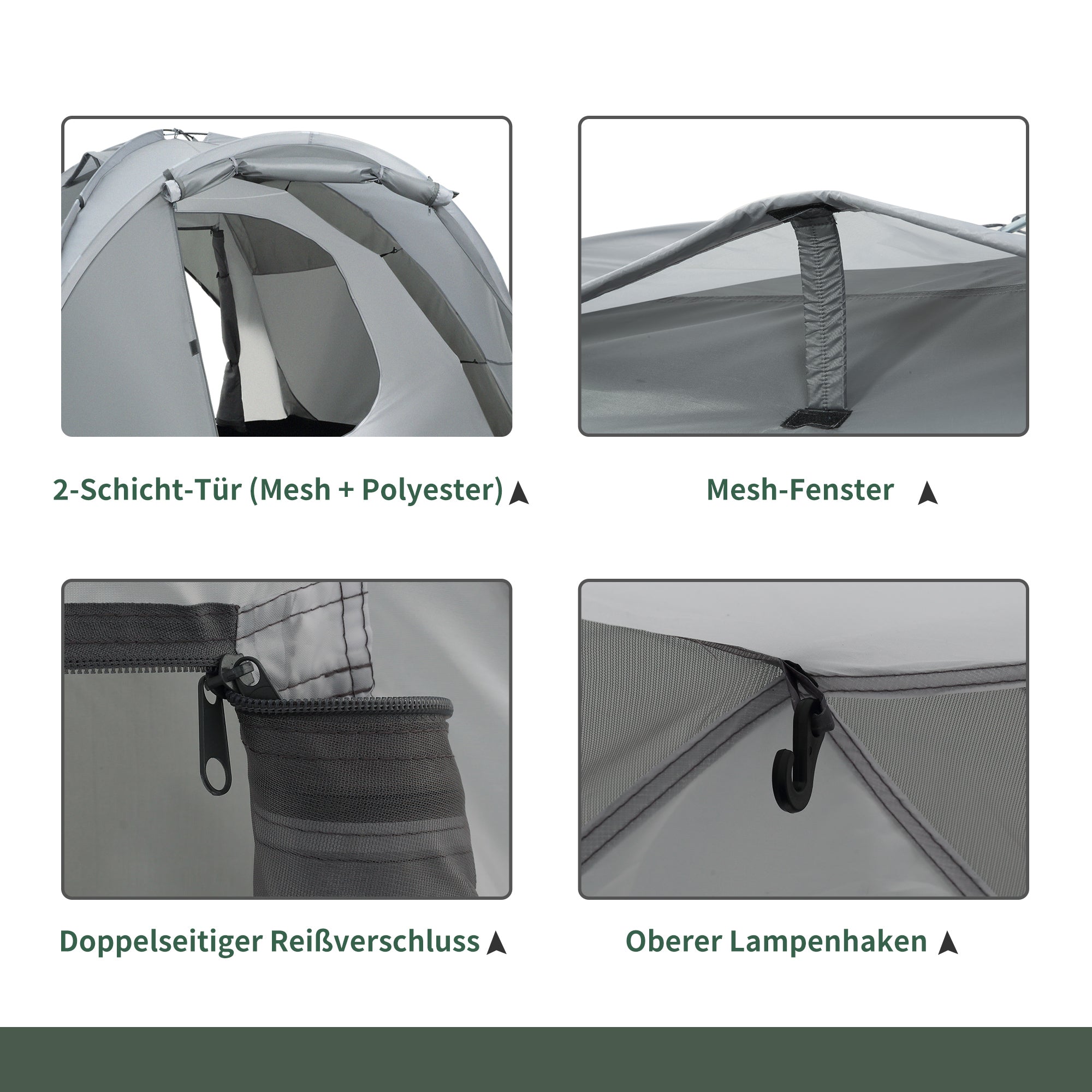 Camping Tent for 2-3 People Fiberglass Zippered Door Mesh Windows incl. Carrying Bag Dome Tent 190T Faux Leather 2000mm Fiberglass Grey