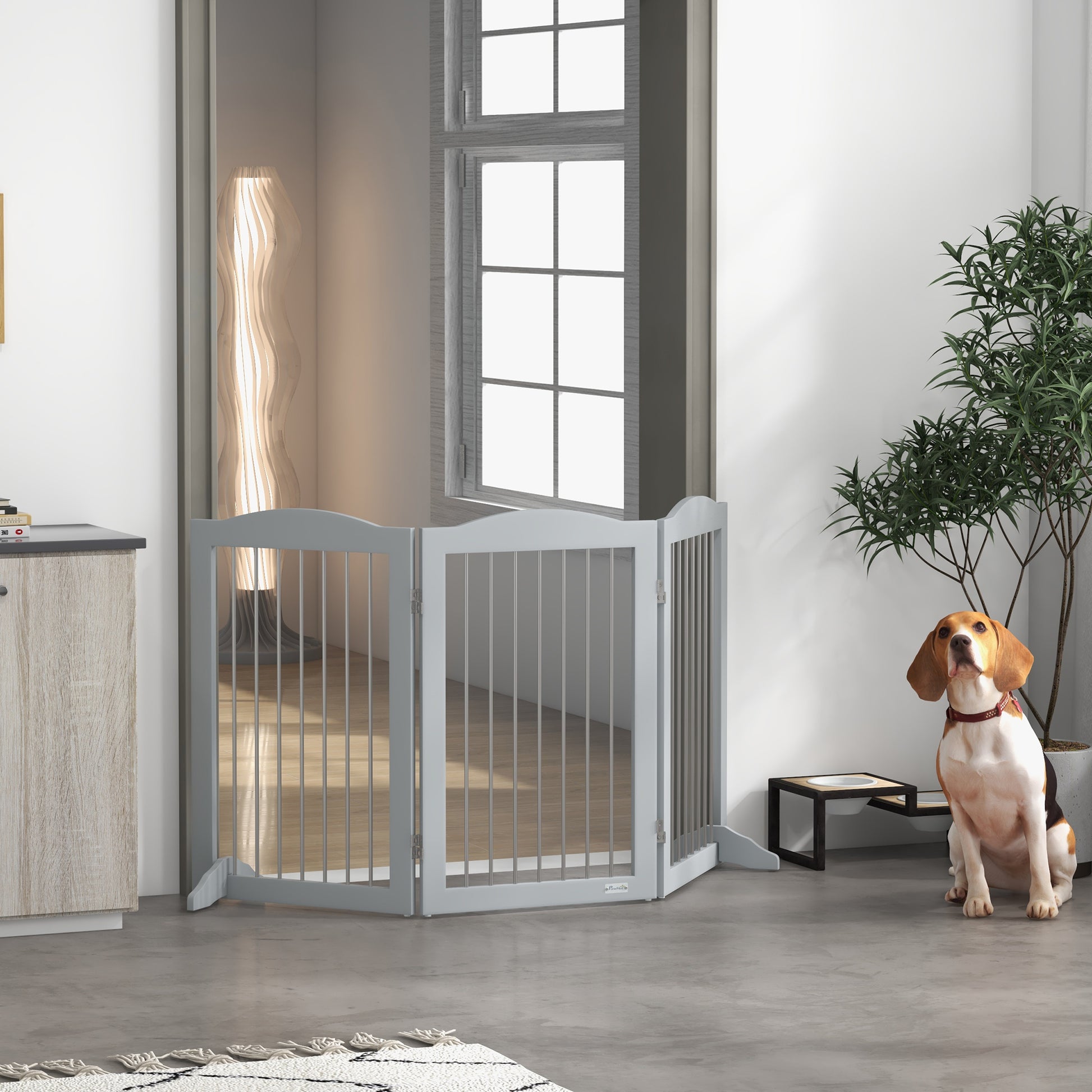 Foldable Safety Barrier, 3-Panel Dog Gate, 2 Support Feet, 80cm Height, for Doors, Hallways, Rooms, and Stairs, Gray