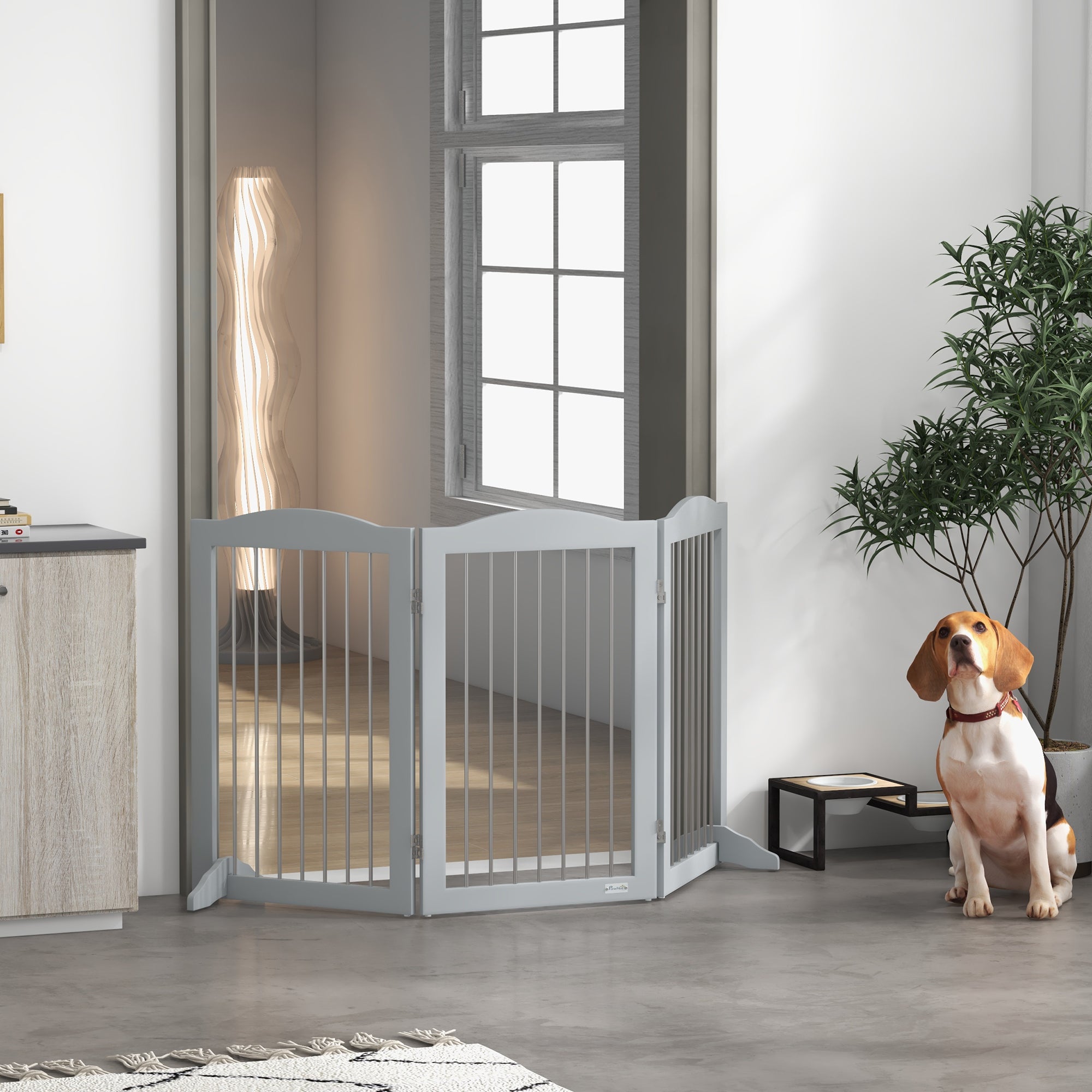 Foldable Safety Barrier, 3-Panel Dog Gate, 2 Support Feet, 80cm Height, for Doors, Hallways, Rooms, and Stairs, Gray