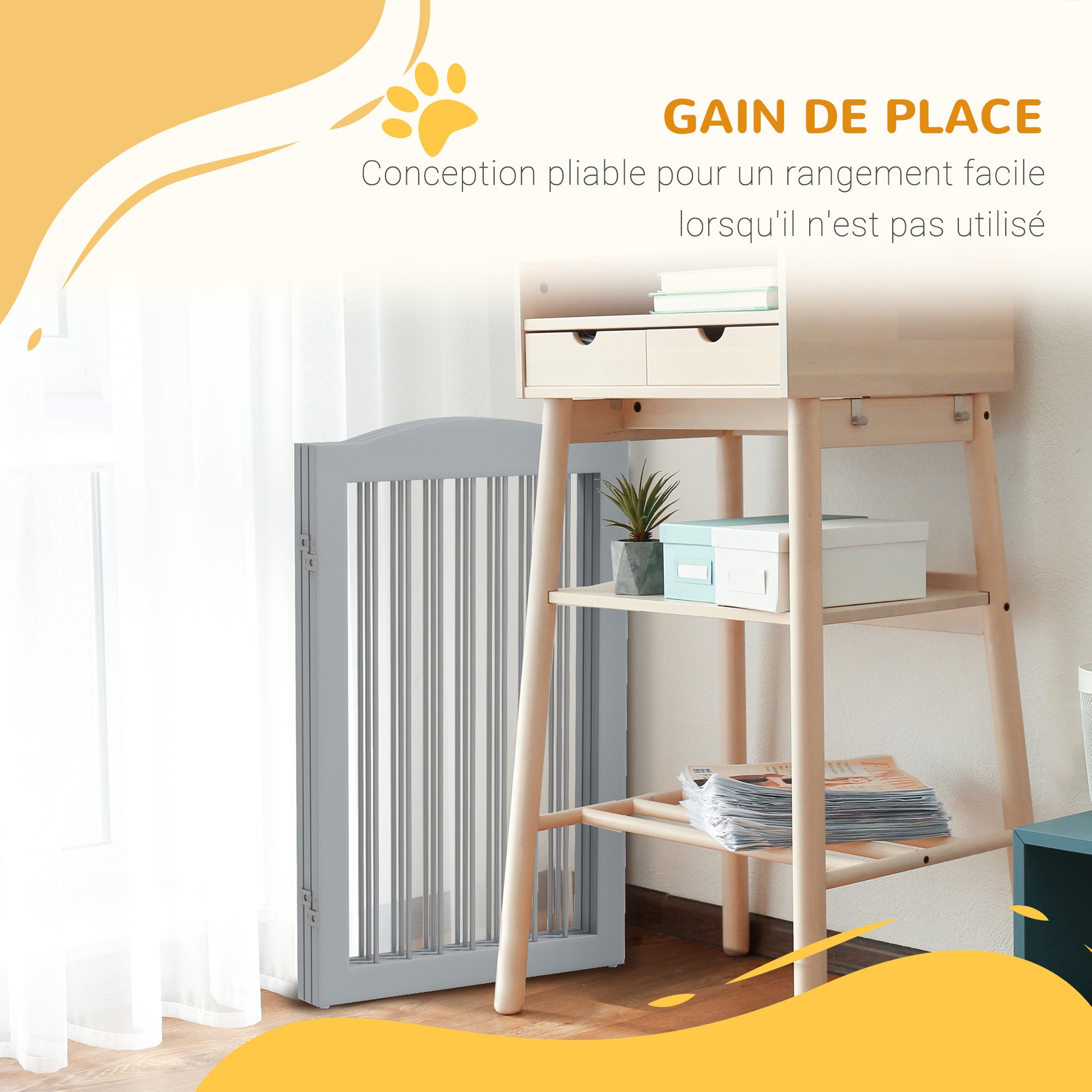 Foldable Safety Barrier, 3-Panel Dog Gate, 2 Support Feet, 80cm Height, for Doors, Hallways, Rooms, and Stairs, Gray