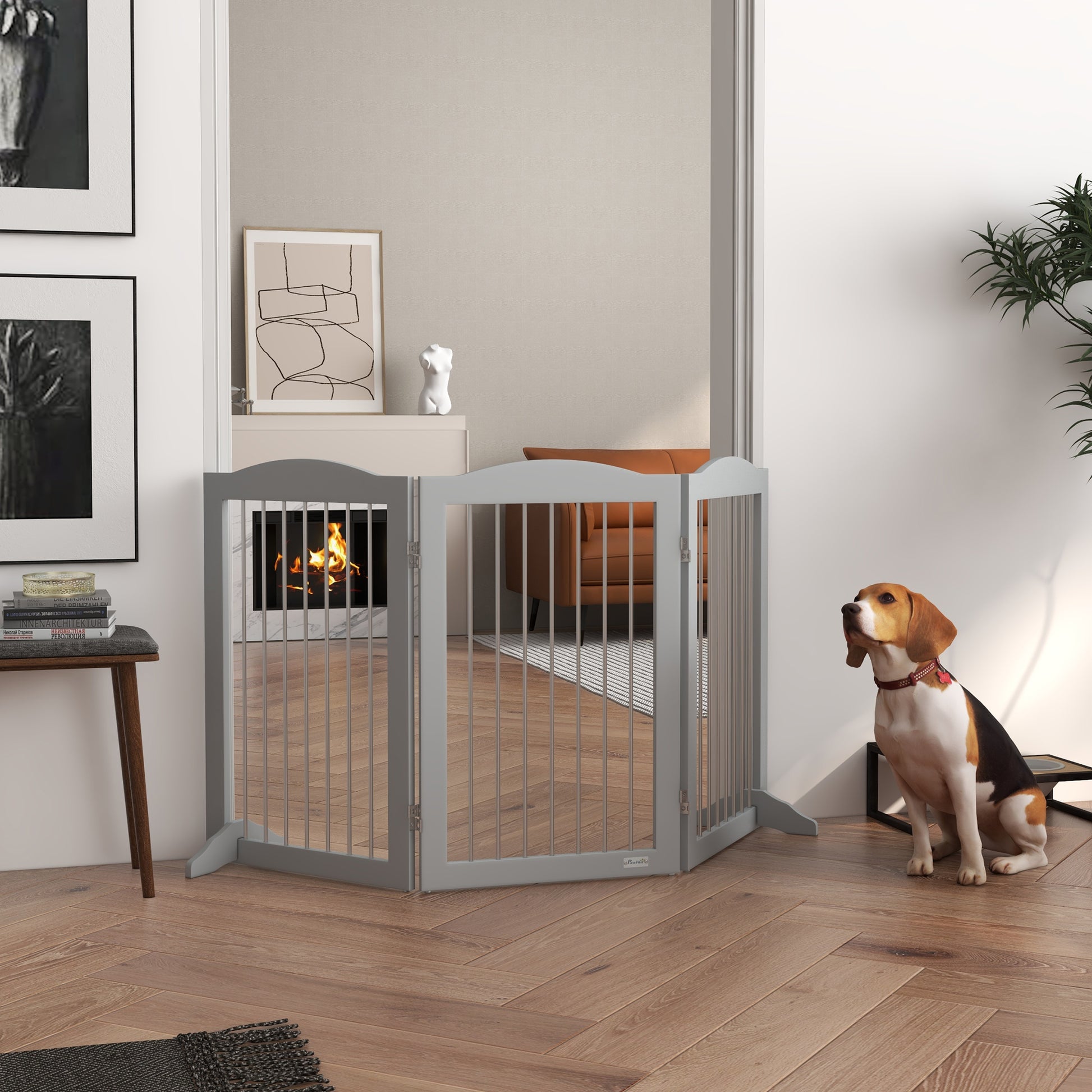 Foldable Safety Barrier, 3-Panel Dog Gate, 2 Support Feet, 80cm Height, for Doors, Hallways, Rooms, and Stairs, Gray