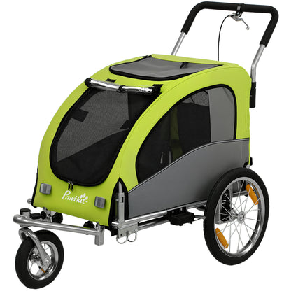 2-in-1 Dog Bike Trailer & Pet Stroller, Foldable with Suspension, Large Wheels, Mesh Windows, Hand Brake, Reflectors & Safety Flag, Green — For Medium Dogs & Cats up to 44 lb (20 kg)