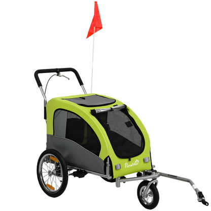 2-in-1 Dog Bike Trailer & Pet Stroller, Foldable with Suspension, Large Wheels, Mesh Windows, Hand Brake, Reflectors & Safety Flag, Green — For Medium Dogs & Cats up to 44 lb (20 kg)
