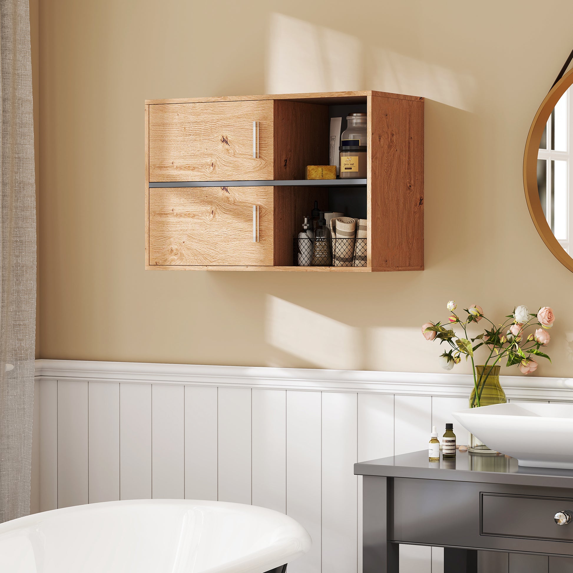 Bathroom Auxiliary Cabinet Wall Mounted Bathroom Cabinet with Open Compartments and 2 Doors Modern Bathroom Cabinet for Kitchen Entrance 31.5"L x 13.8"W x 22.6"H Natural