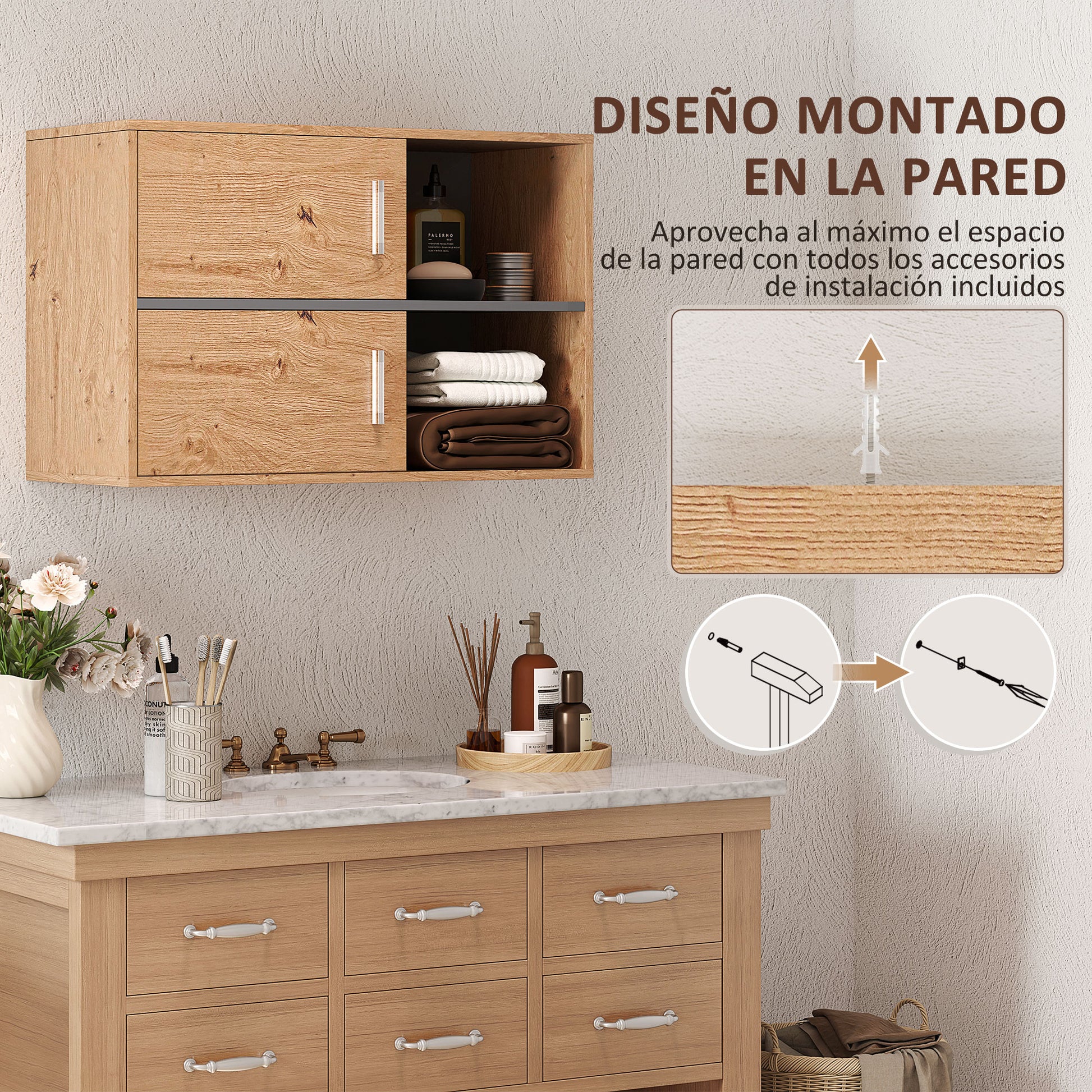 Bathroom Auxiliary Cabinet Wall Mounted Bathroom Cabinet with Open Compartments and 2 Doors Modern Bathroom Cabinet for Kitchen Entrance 31.5"L x 13.8"W x 22.6"H Natural