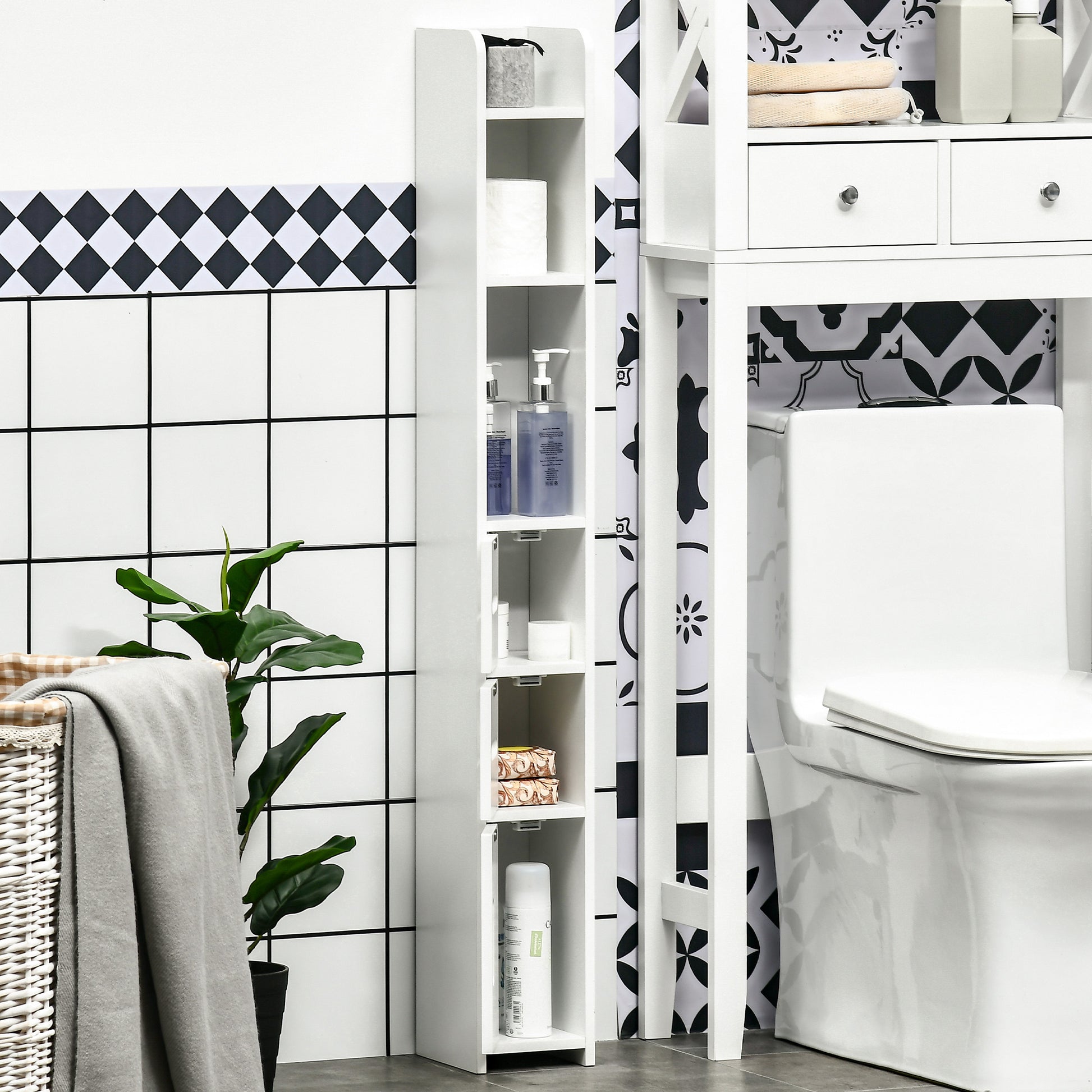 Bathroom Column Cabinet with 3 Doors 3 Open Shelves and Anti-Tilt System Modern Style 15x17x120 cm White