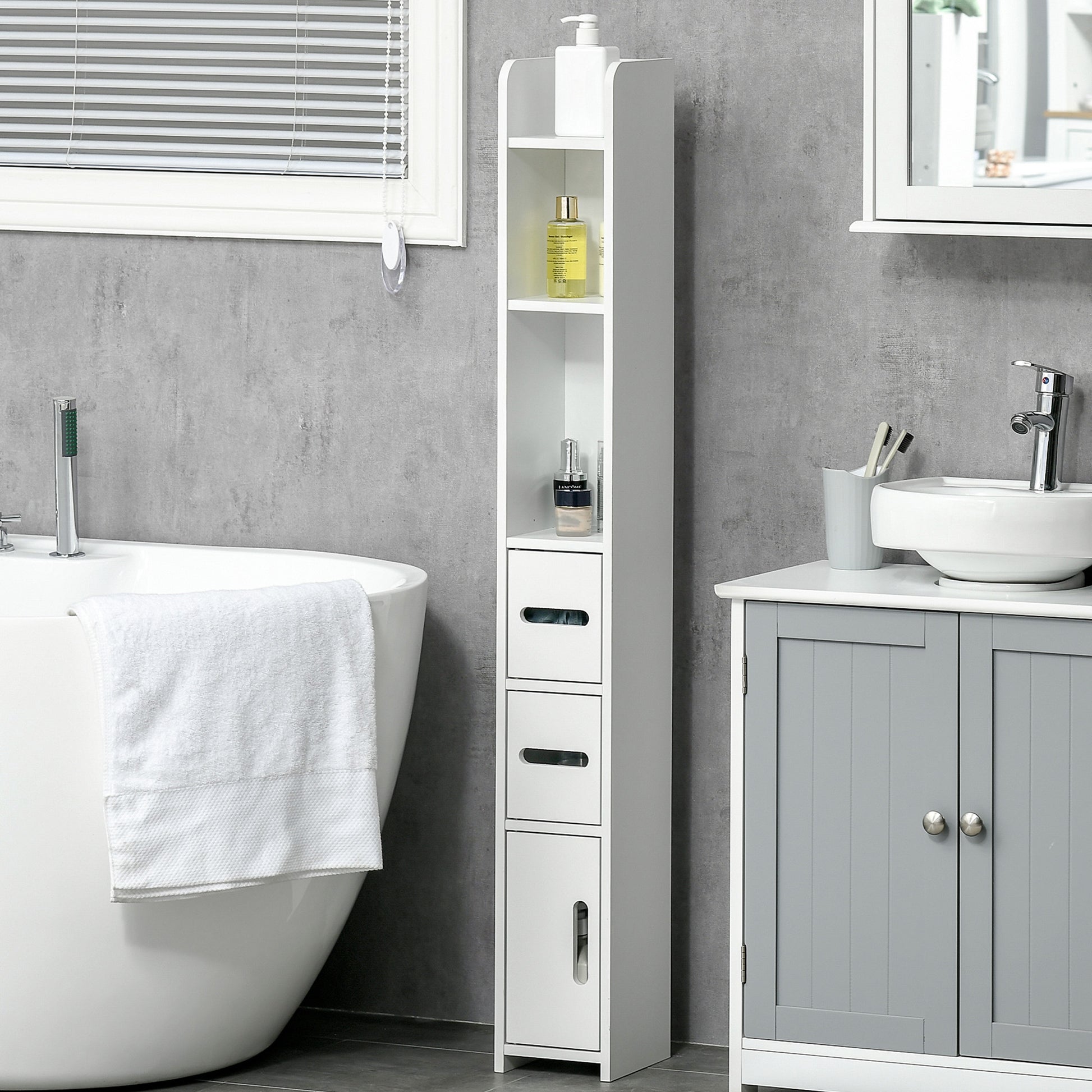 Bathroom Column Cabinet with 3 Doors 3 Open Shelves and Anti-Tilt System Modern Style 15x17x120 cm White
