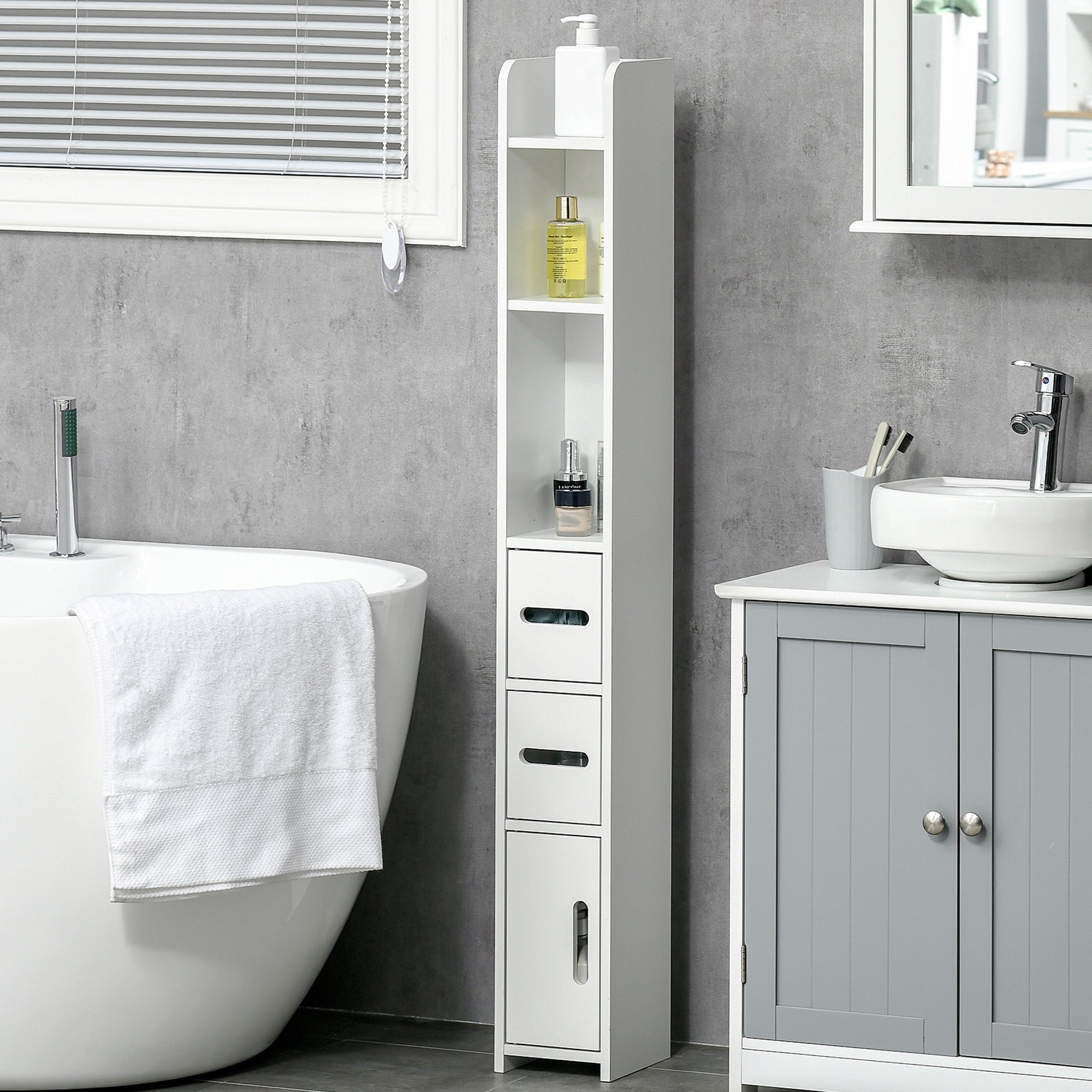 Bathroom Column Cabinet with 3 Doors 3 Open Shelves and Anti-Tilt System Modern Style 15x17x120 cm White