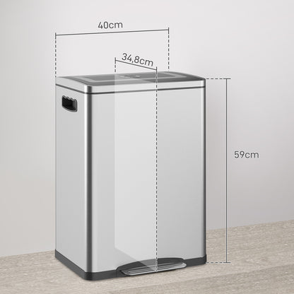 Trash Can 40L Step Trash Can with Lid and Foot Pedal, Waste Bin with 2 Inner Bins, Soft Close Function for Living Room, Office, Stainless Steel, Silver, 40 x 34.8 x 59 cm