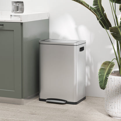 Trash Can 40L Step Trash Can with Lid and Foot Pedal, Waste Bin with 2 Inner Bins, Soft Close Function for Living Room, Office, Stainless Steel, Silver, 40 x 34.8 x 59 cm