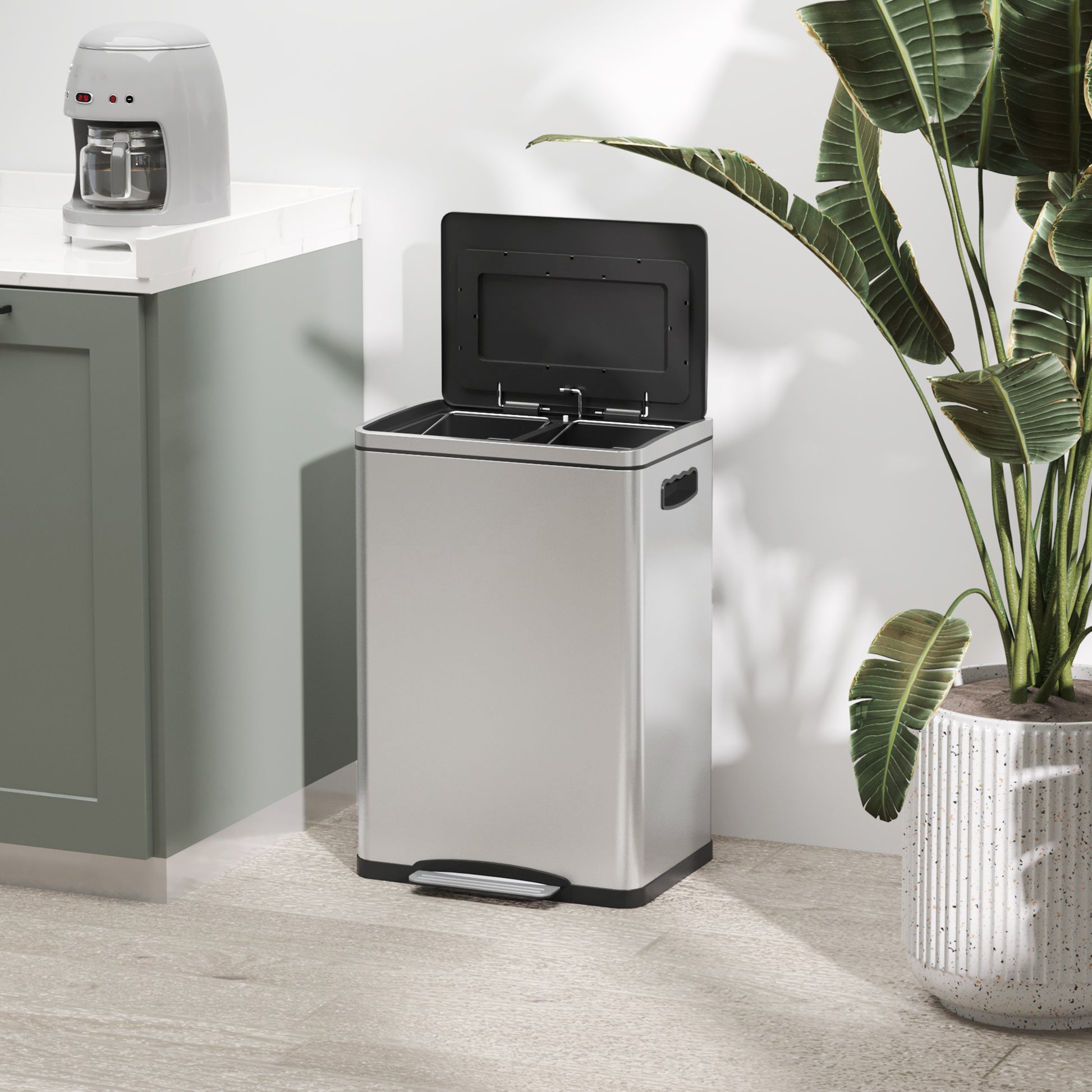 Trash Can 40L Step Trash Can with Lid and Foot Pedal, Waste Bin with 2 Inner Bins, Soft Close Function for Living Room, Office, Stainless Steel, Silver, 40 x 34.8 x 59 cm