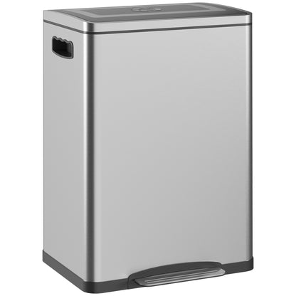 Trash Can 40L Step Trash Can with Lid and Foot Pedal, Waste Bin with 2 Inner Bins, Soft Close Function for Living Room, Office, Stainless Steel, Silver, 40 x 34.8 x 59 cm