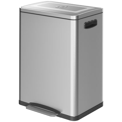 Trash Can 40L Step Trash Can with Lid and Foot Pedal, Waste Bin with 2 Inner Bins, Soft Close Function for Living Room, Office, Stainless Steel, Silver, 40 x 34.8 x 59 cm