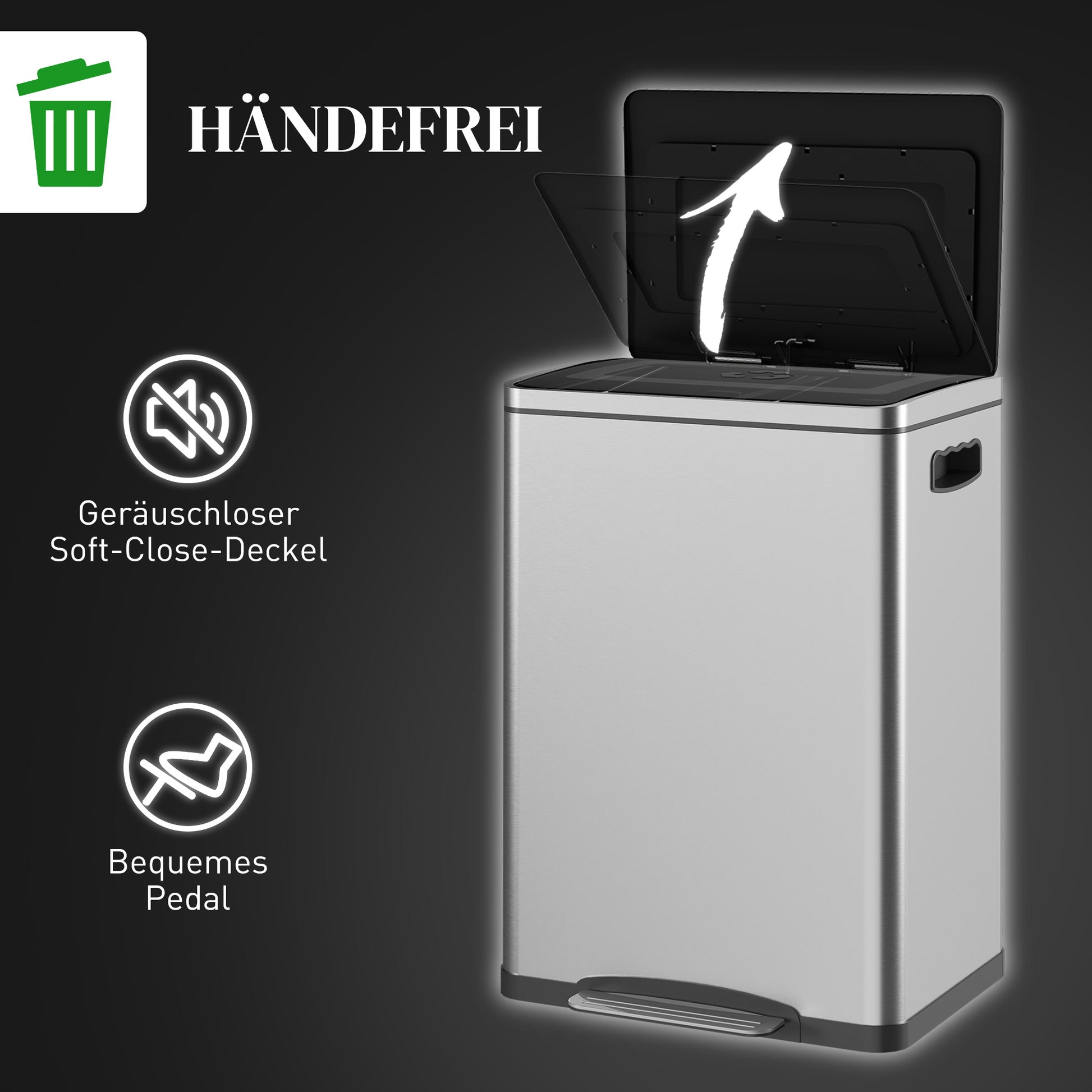 Trash Can 40L Step Trash Can with Lid and Foot Pedal, Waste Bin with 2 Inner Bins, Soft Close Function for Living Room, Office, Stainless Steel, Silver, 40 x 34.8 x 59 cm