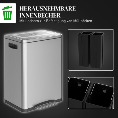 Trash Can 40L Step Trash Can with Lid and Foot Pedal, Waste Bin with 2 Inner Bins, Soft Close Function for Living Room, Office, Stainless Steel, Silver, 40 x 34.8 x 59 cm