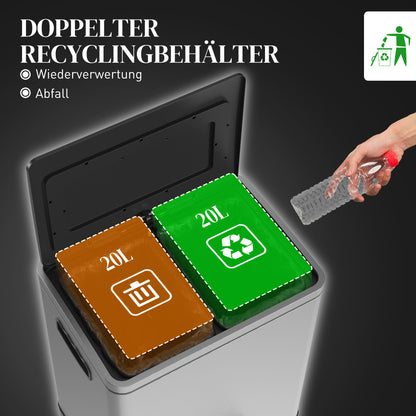 Trash Can 40L Step Trash Can with Lid and Foot Pedal, Waste Bin with 2 Inner Bins, Soft Close Function for Living Room, Office, Stainless Steel, Silver, 40 x 34.8 x 59 cm