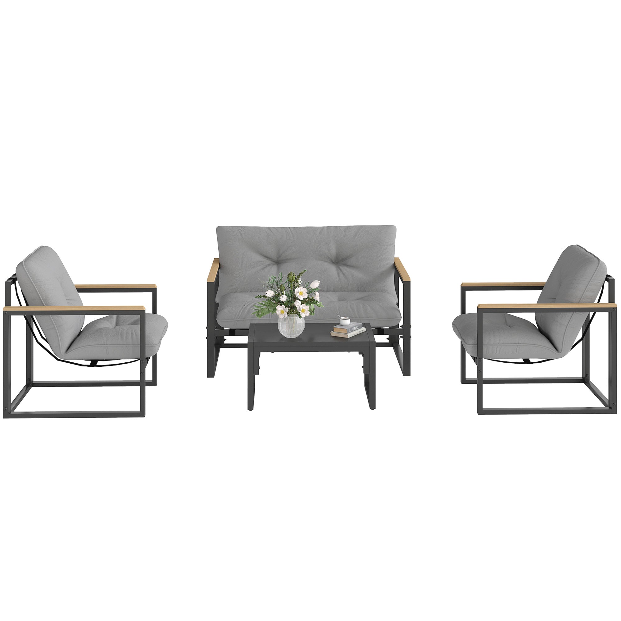 Garden Furniture Set 4 Persons Weatherproof Balcony Furniture Set with 2-Seater Sofa, Armchair Seat Cushion Side Table Outdoor Seating Group Patio Furniture Garden Lounge for Garden Balcony Light Grey
