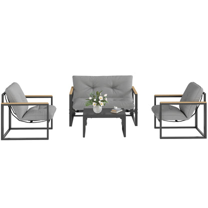 Garden Furniture Set 4 Persons Weatherproof Balcony Furniture Set with 2-Seater Sofa, Armchair Seat Cushion Side Table Outdoor Seating Group Patio Furniture Garden Lounge for Garden Balcony Light Grey