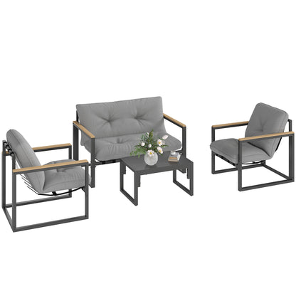 Garden Furniture Set 4 Persons Weatherproof Balcony Furniture Set with 2-Seater Sofa, Armchair Seat Cushion Side Table Outdoor Seating Group Patio Furniture Garden Lounge for Garden Balcony Light Grey