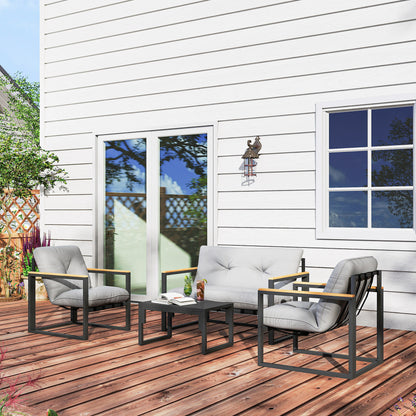 Garden Furniture Set 4 Persons Weatherproof Balcony Furniture Set with 2-Seater Sofa, Armchair Seat Cushion Side Table Outdoor Seating Group Patio Furniture Garden Lounge for Garden Balcony Light Grey