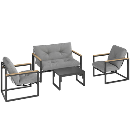Garden Furniture Set 4 Persons Weatherproof Balcony Furniture Set with 2-Seater Sofa, Armchair Seat Cushion Side Table Outdoor Seating Group Patio Furniture Garden Lounge for Garden Balcony Light Grey