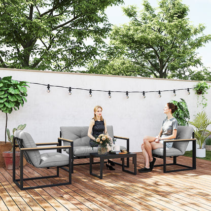 Garden Furniture Set 4 Persons Weatherproof Balcony Furniture Set with 2-Seater Sofa, Armchair Seat Cushion Side Table Outdoor Seating Group Patio Furniture Garden Lounge for Garden Balcony Light Grey