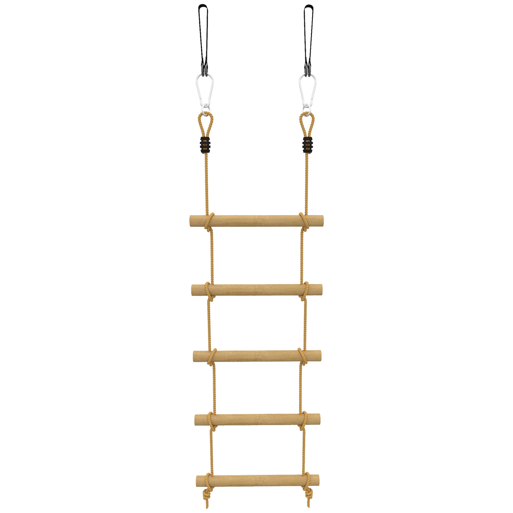 Ninja Line Kids 5-Rung Climbing Ladder & 1.8 m (5.9 ft) Slackline Set — Natural Wood, Includes 2 Carabiners & 2 Tree Straps (Ages 3–8)