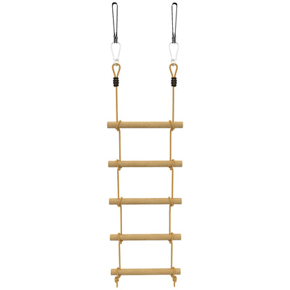 Ninja Line Kids 5-Rung Climbing Ladder & 1.8 m (5.9 ft) Slackline Set — Natural Wood, Includes 2 Carabiners & 2 Tree Straps (Ages 3–8)
