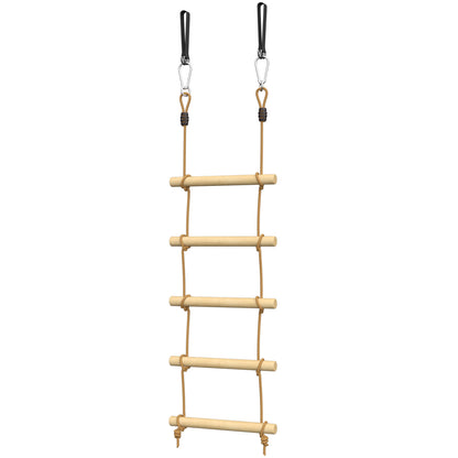 Ninja Line Kids 5-Rung Climbing Ladder & 1.8 m (5.9 ft) Slackline Set — Natural Wood, Includes 2 Carabiners & 2 Tree Straps (Ages 3–8)