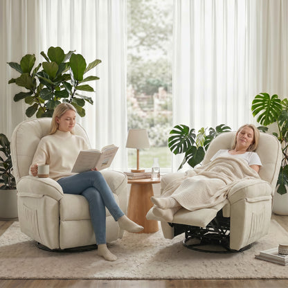 360° Swivel Recliner Chair — Manual Chenille Recliner with Footrest, High Back, Wide Seat & Side Pockets, Cream White
