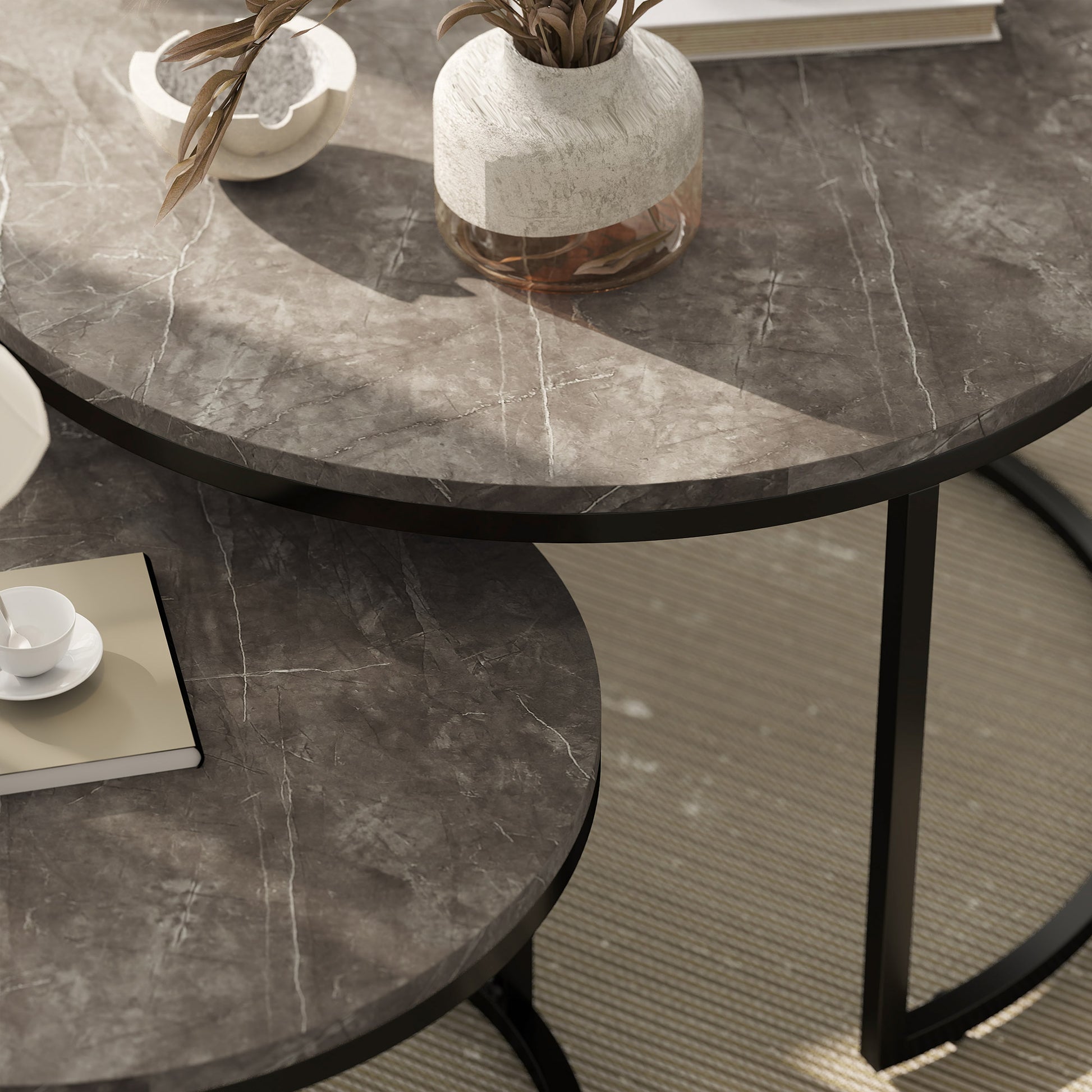 Set of 2 nestable coffee tables, round coffee table, stackable, industrial design, metal legs, gray
