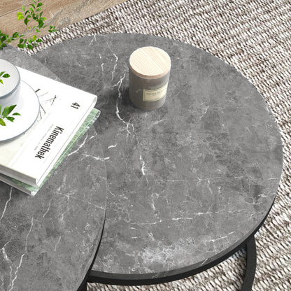 Set of 2 nestable coffee tables, round coffee table, stackable, industrial design, metal legs, gray