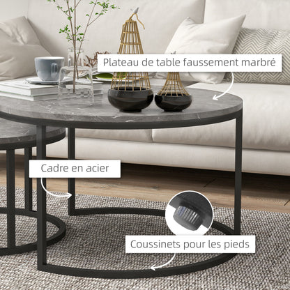 Set of 2 nestable coffee tables, round coffee table, stackable, industrial design, metal legs, gray