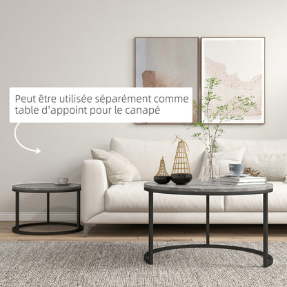 Set of 2 nestable coffee tables, round coffee table, stackable, industrial design, metal legs, gray