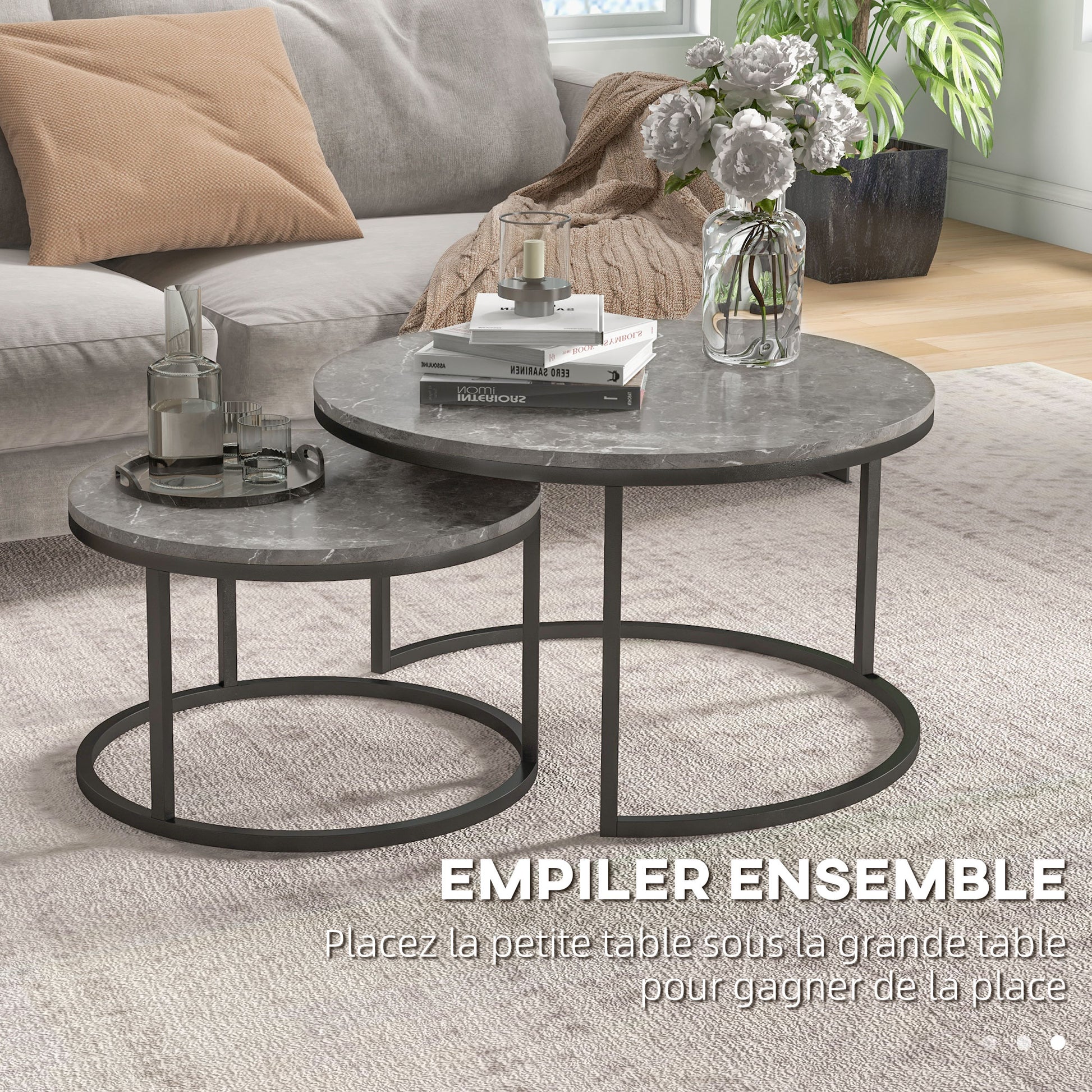 Set of 2 nestable coffee tables, round coffee table, stackable, industrial design, metal legs, gray