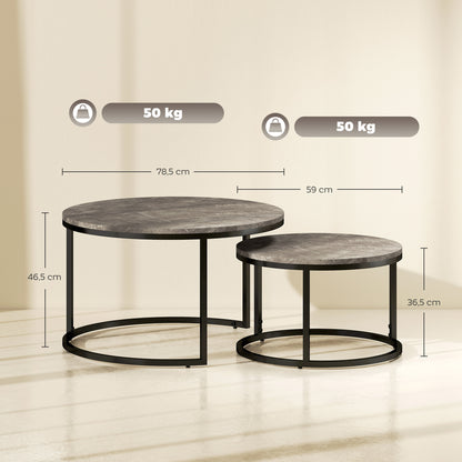 Set of 2 nestable coffee tables, round coffee table, stackable, industrial design, metal legs, gray