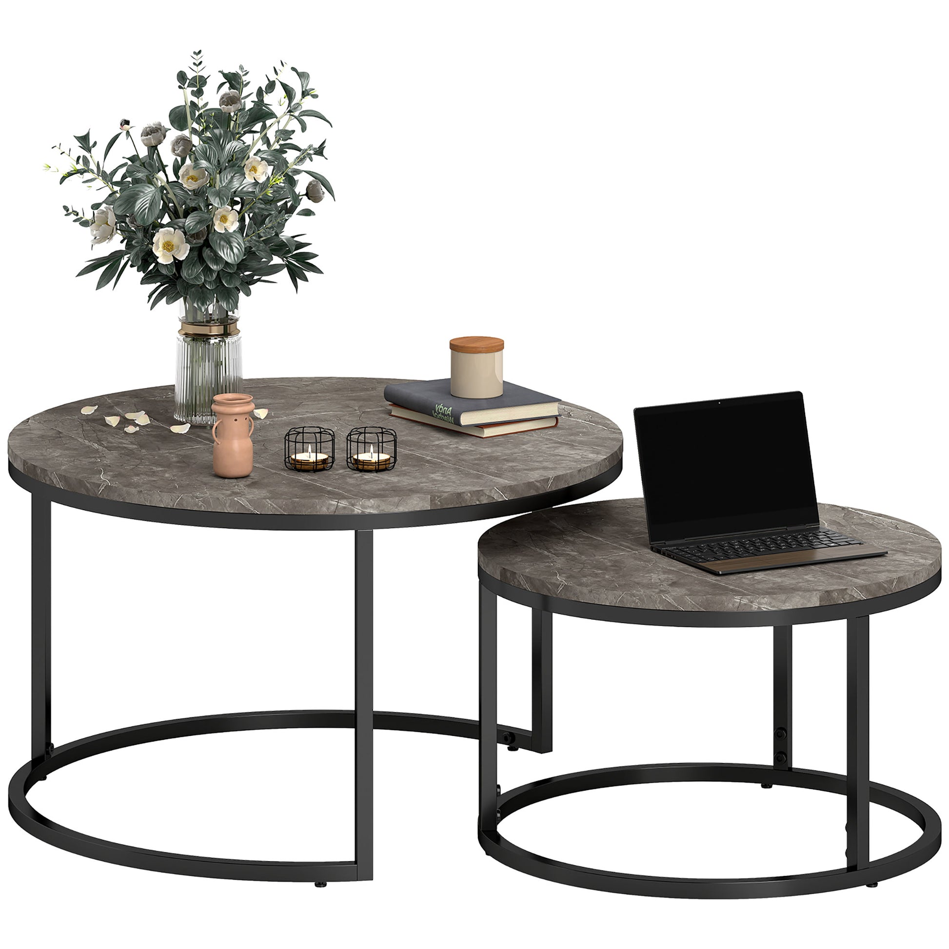 Set of 2 nestable coffee tables, round coffee table, stackable, industrial design, metal legs, gray