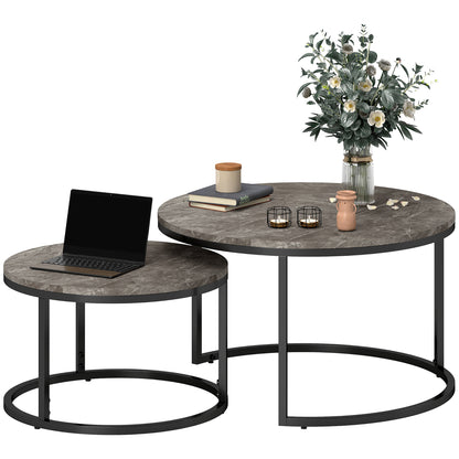 Set of 2 nestable coffee tables, round coffee table, stackable, industrial design, metal legs, gray