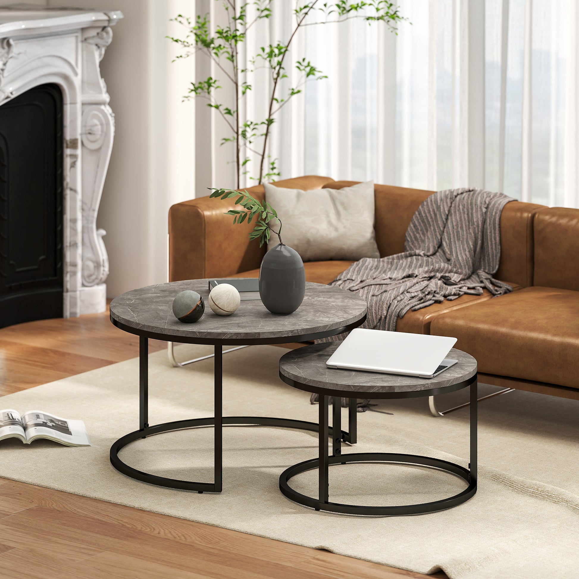 Set of 2 nestable coffee tables, round coffee table, stackable, industrial design, metal legs, gray