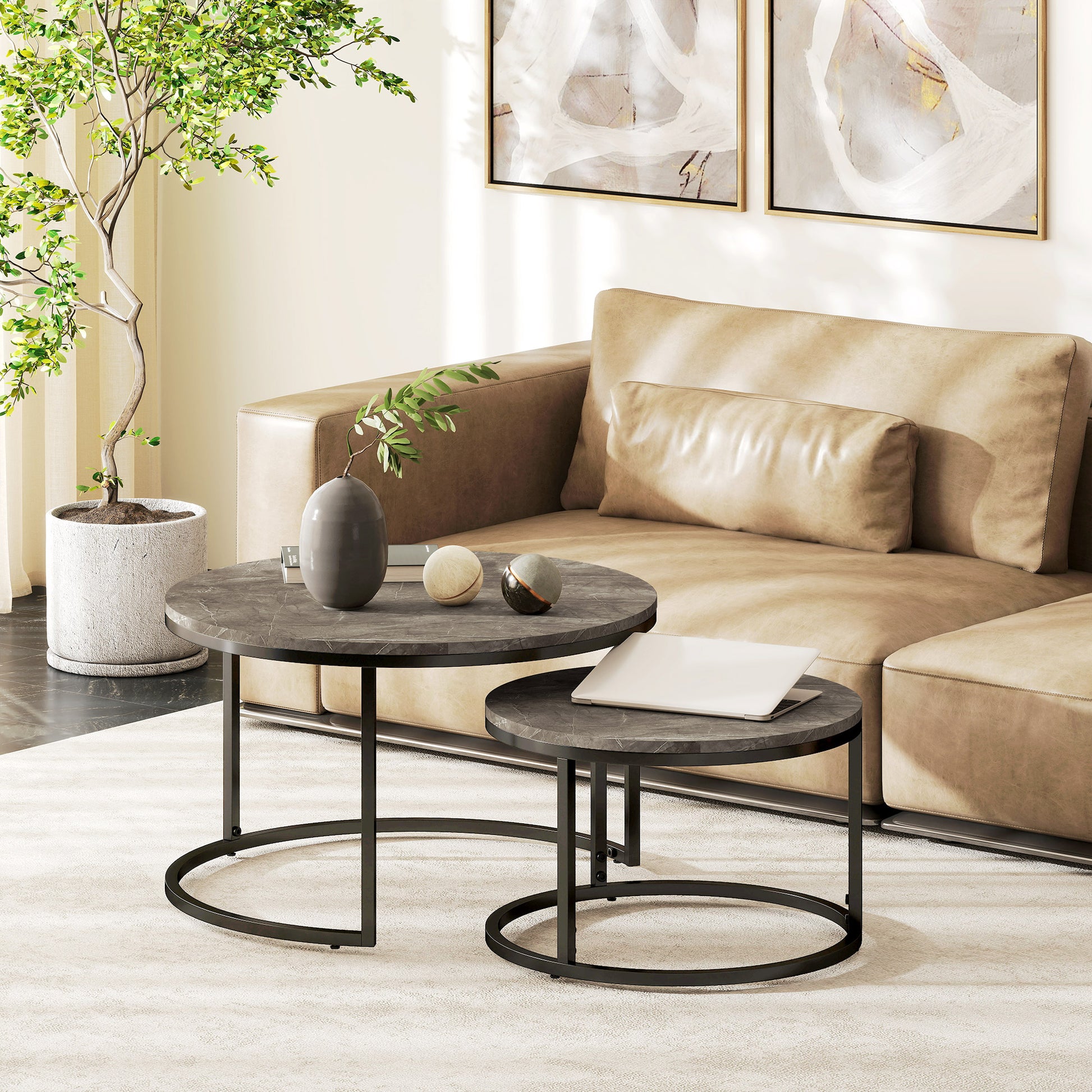Set of 2 nestable coffee tables, round coffee table, stackable, industrial design, metal legs, gray