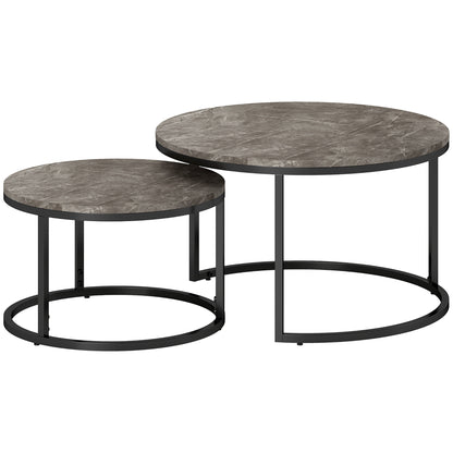 Set of 2 nestable coffee tables, round coffee table, stackable, industrial design, metal legs, gray