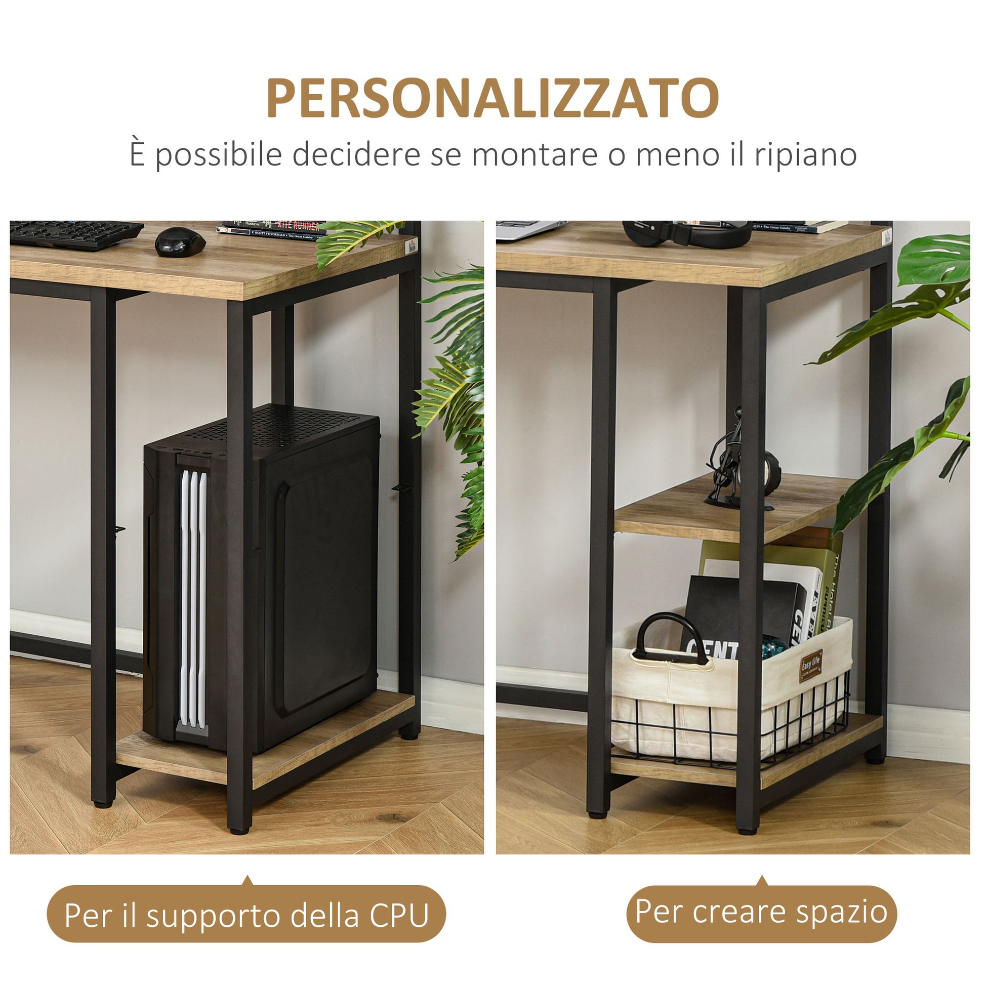 Double Desk with Shelves and Monitor Shelf in Industrial Style, Desk with Space-Saving Bookshelf for Office and Study in Metal and MDF, 200x53x100cm, Brown