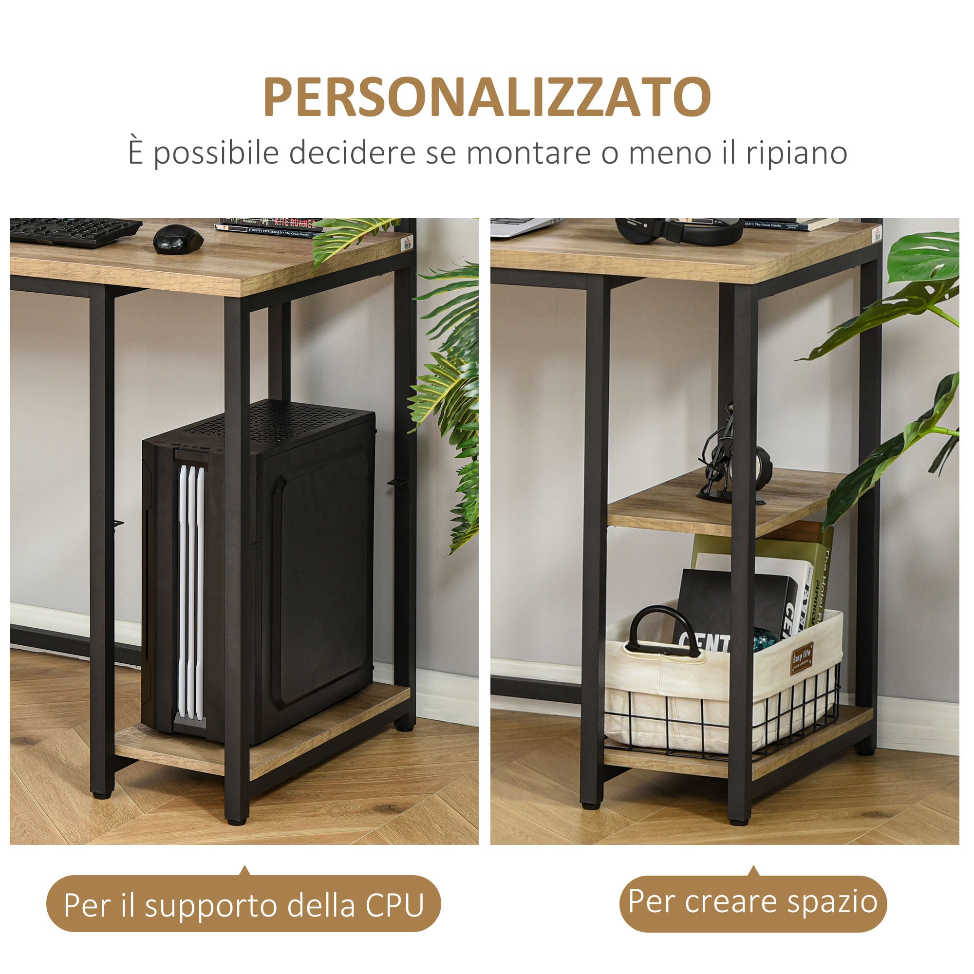 Double Desk with Shelves and Monitor Shelf in Industrial Style, Desk with Space-Saving Bookshelf for Office and Study in Metal and MDF, 200x53x100cm, Brown