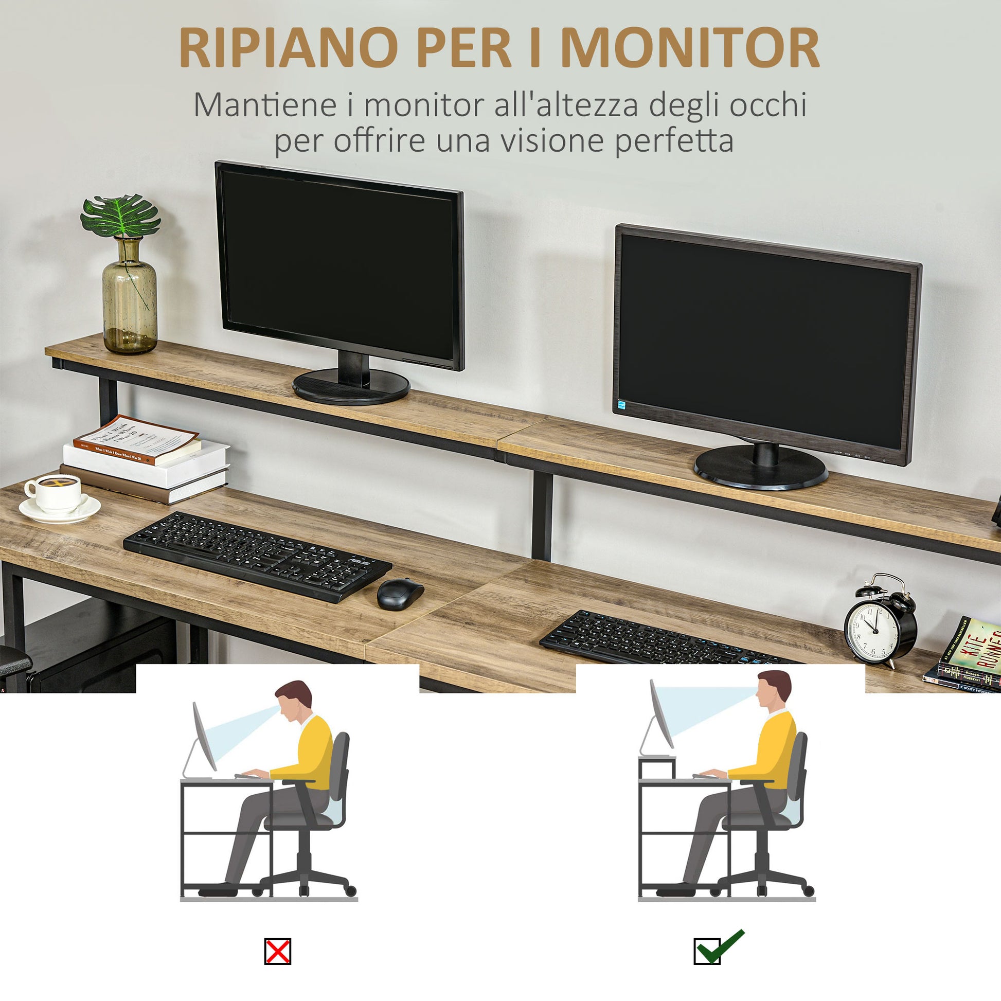 Double Desk with Shelves and Monitor Shelf in Industrial Style, Desk with Space-Saving Bookshelf for Office and Study in Metal and MDF, 200x53x100cm, Brown